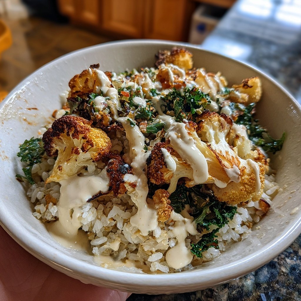 Roasted Cauliflower Tahini Rice Bowl